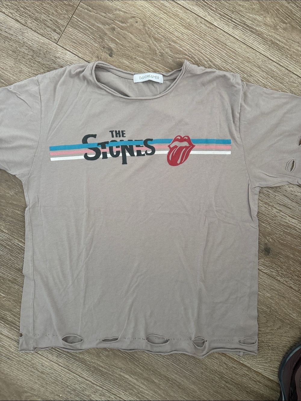 Daydreamer women’s Taupe Graphic Tee with Red Tongue and Blue-Pink Stripes